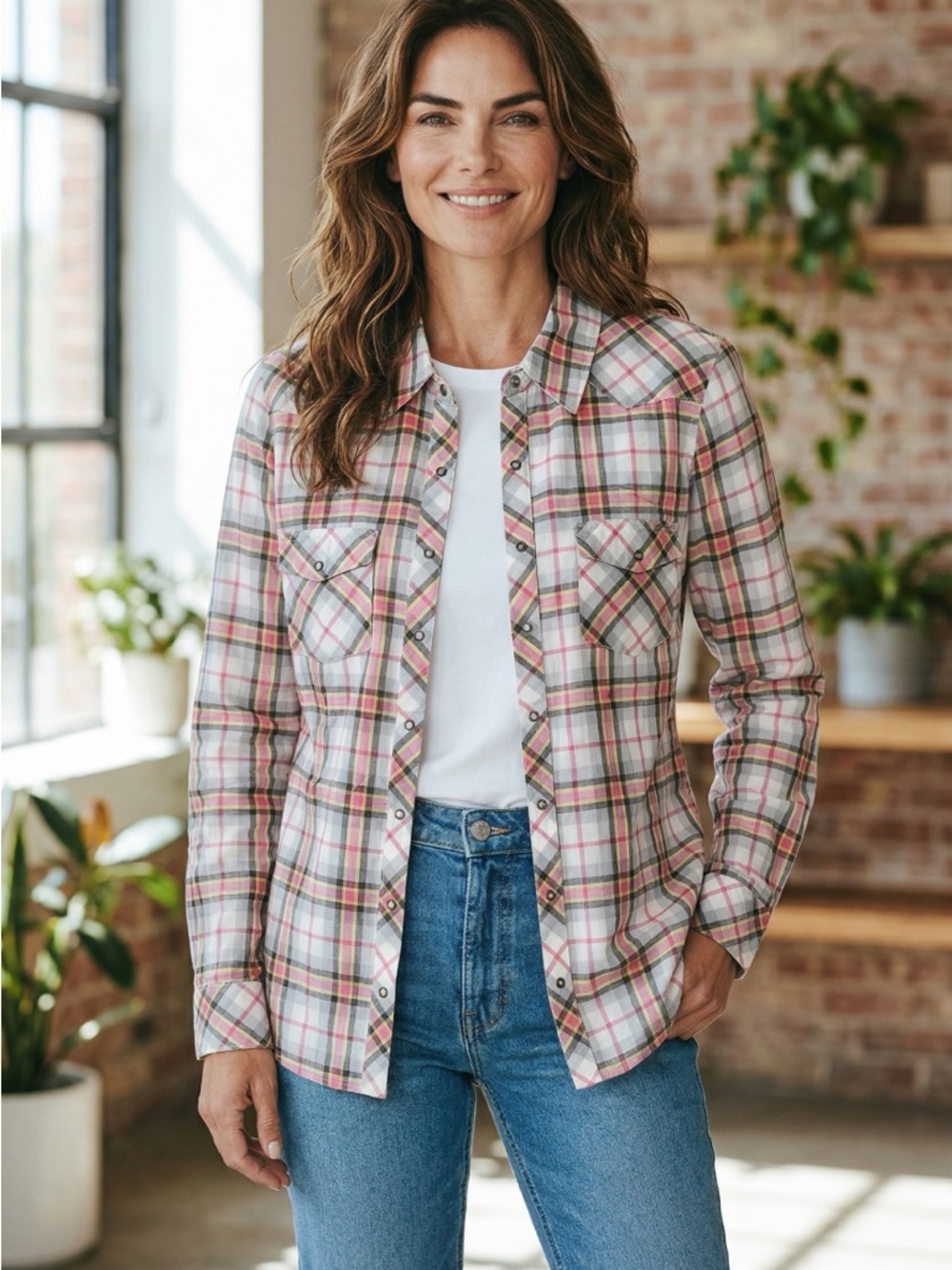 Guess - Sz L - Pink and gray - checks - Plaid Button-Down Shirt w/ snap buttons